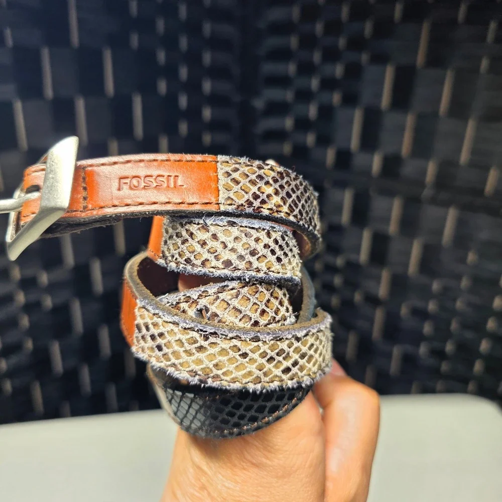 Fossil Snakeskin Patchwork Leather Skinny Belt Brown Tan Black Size Medium M